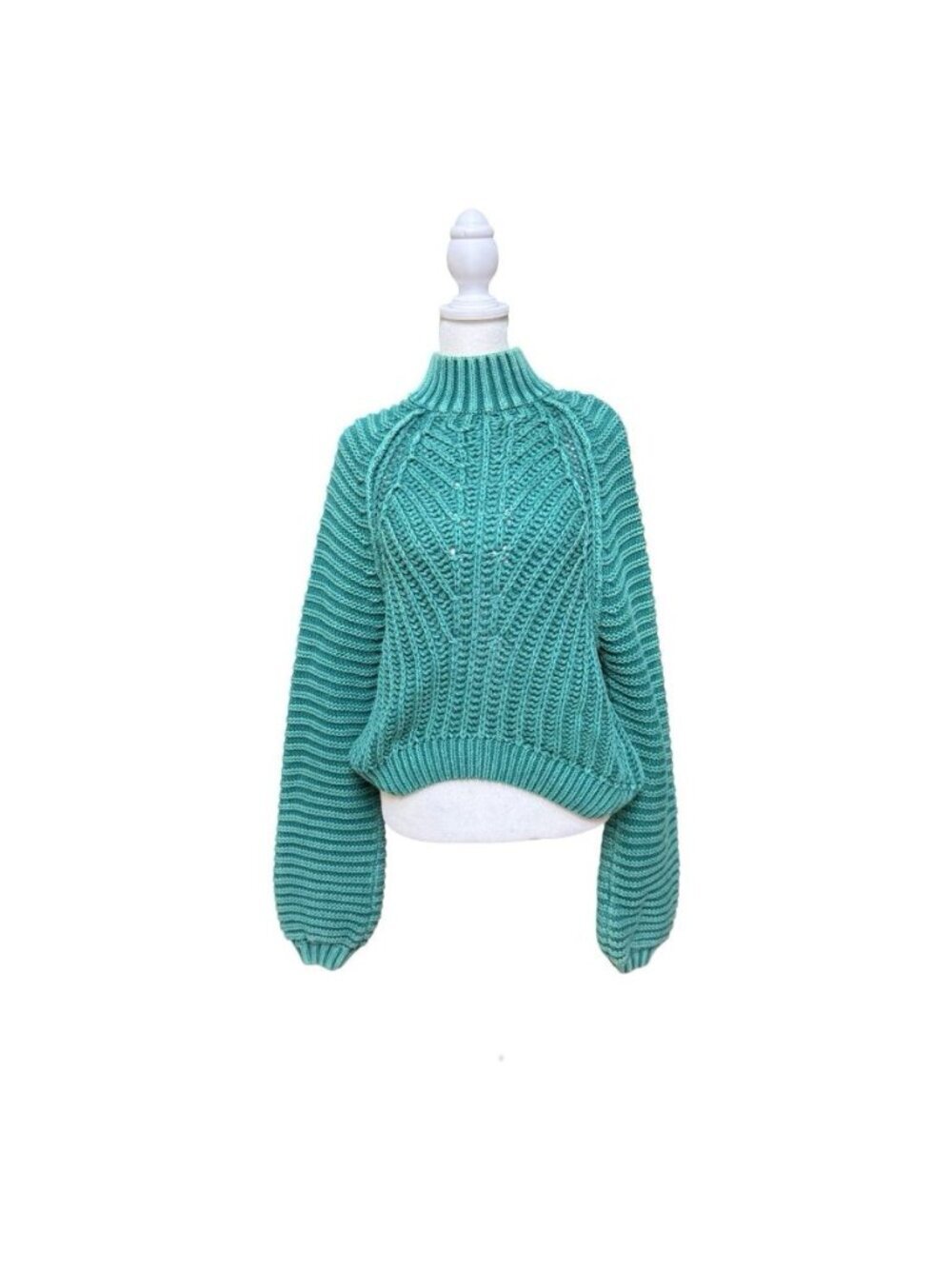 Free People Women’s Small Teal Cable Knit Mock Neck Cotton Sweater